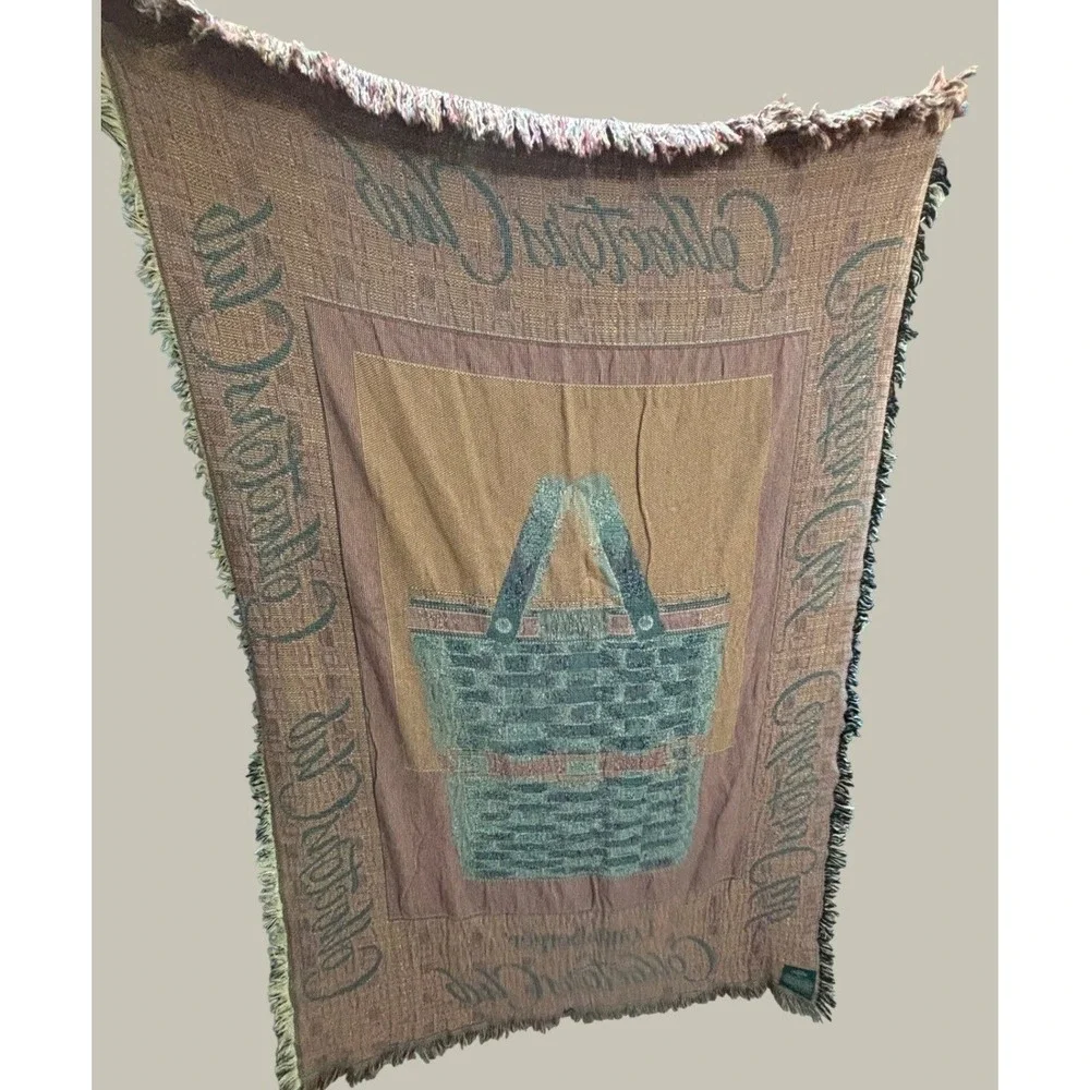 Longaberger Collectors Club Woven Tapestry Throw Blanket Green Plaid Basket